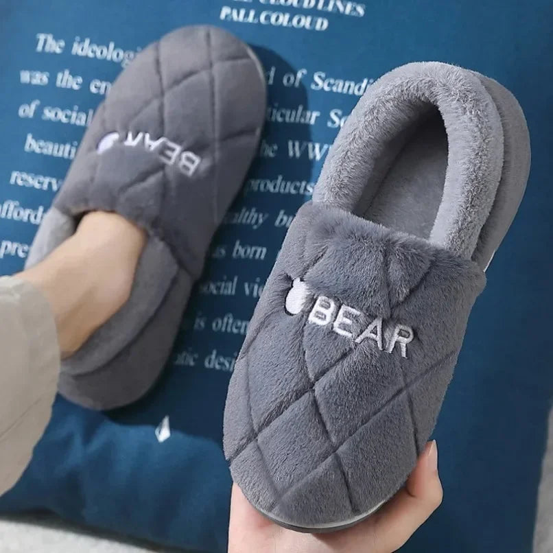 Home Slipper Men Cartoon Bear Fuzzy Winter Warm Plush Indoor Floor Non Slip Male House Room Shoes Footwear Furry Plus Large Size