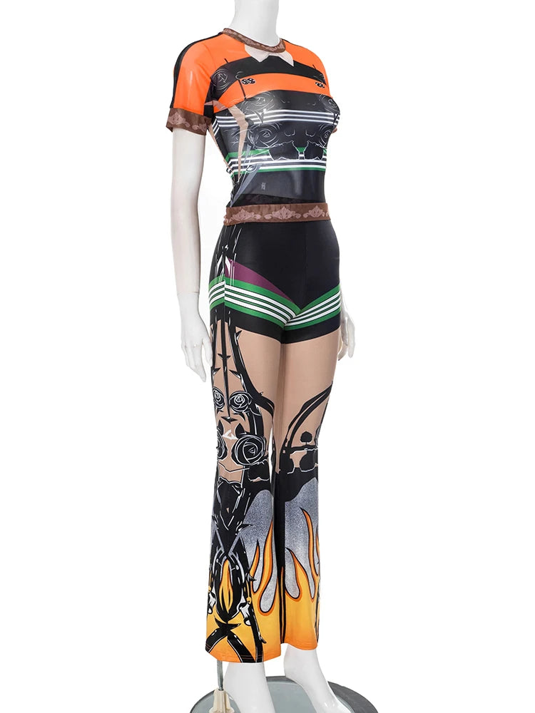 Weird Puss Fashion Patchwork 2 Piece Set Women Mesh See Through Tops+Flame Print Skinny Pants Hot Girls Sexy Hipster Outfits