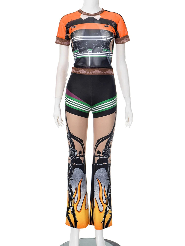 Weird Puss Fashion Patchwork 2 Piece Set Women Mesh See Through Tops+Flame Print Skinny Pants Hot Girls Sexy Hipster Outfits