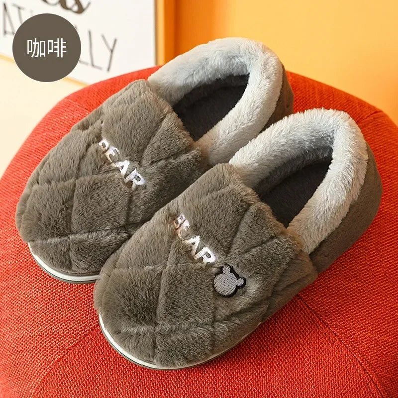 Home Slipper Men Cartoon Bear Fuzzy Winter Warm Plush Indoor Floor Non Slip Male House Room Shoes Footwear Furry Plus Large Size
