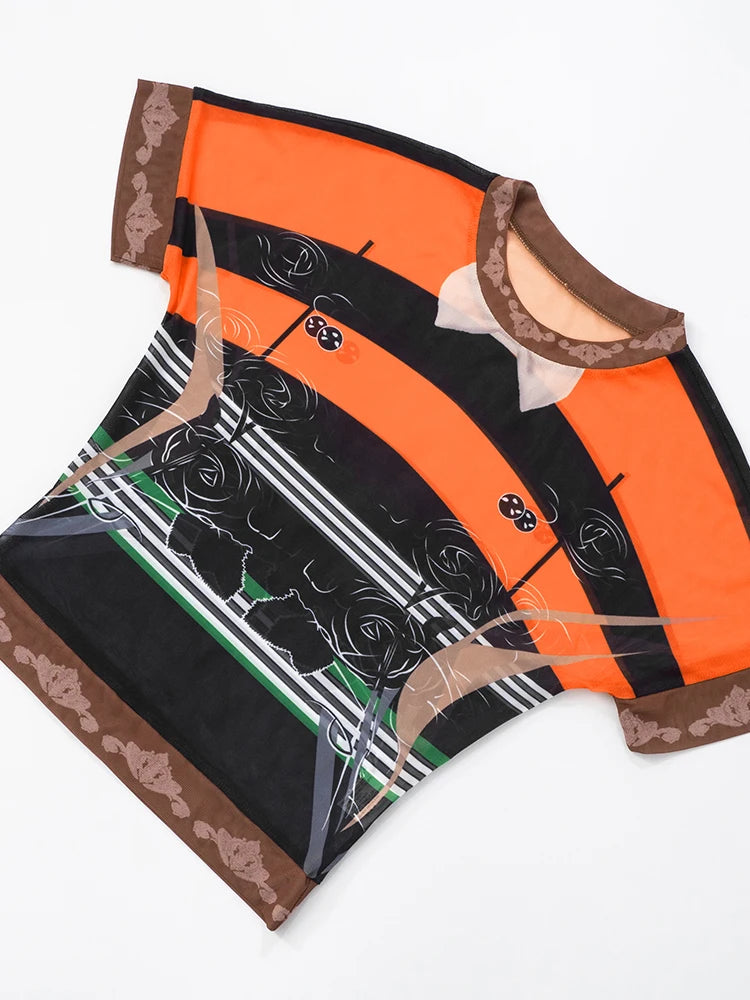 Weird Puss Fashion Patchwork 2 Piece Set Women Mesh See Through Tops+Flame Print Skinny Pants Hot Girls Sexy Hipster Outfits