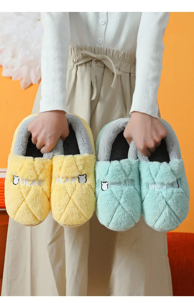 Home Slipper Men Cartoon Bear Fuzzy Winter Warm Plush Indoor Floor Non Slip Male House Room Shoes Footwear Furry Plus Large Size
