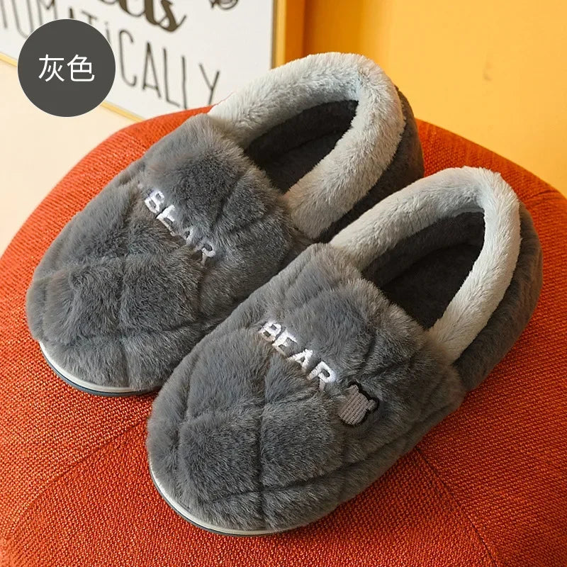 Home Slipper Men Cartoon Bear Fuzzy Winter Warm Plush Indoor Floor Non Slip Male House Room Shoes Footwear Furry Plus Large Size