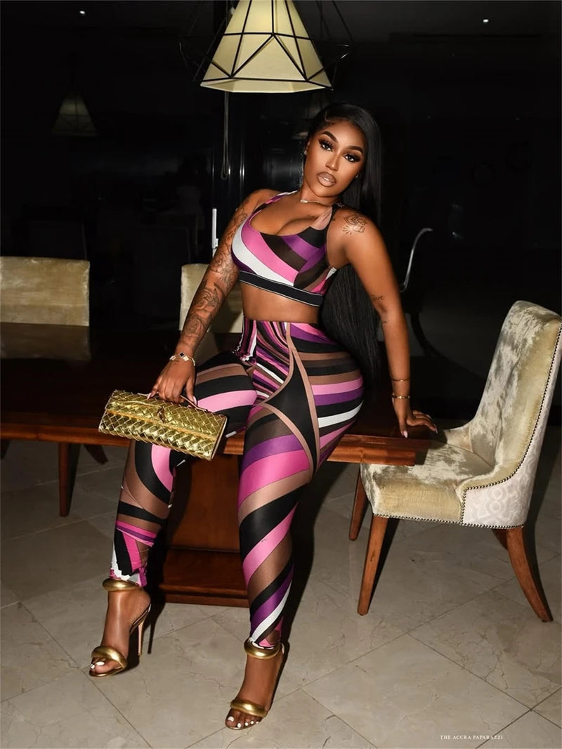 Stylish Lady Contrast Color Striped Printed 2 Piece Set Women Sleeveless Crop Top and Skinny Pant Suits 2025 Summer Sexy Outfits