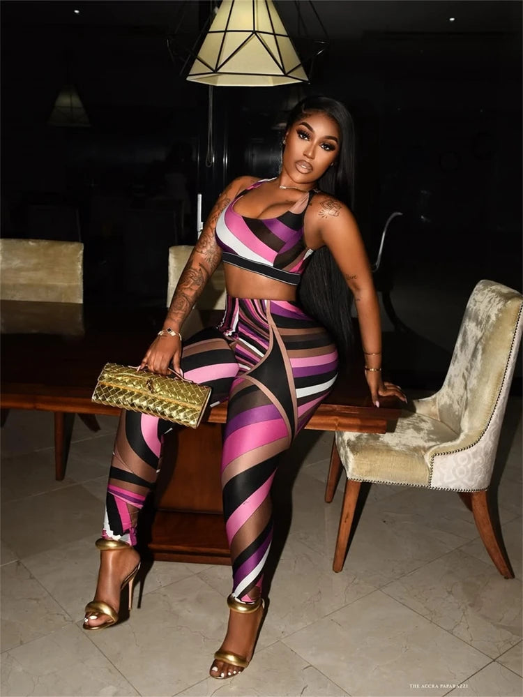 Stylish Lady Contrast Color Striped Printed 2 Piece Set Women Sleeveless Crop Top and Skinny Pant Suits 2025 Summer Sexy Outfits