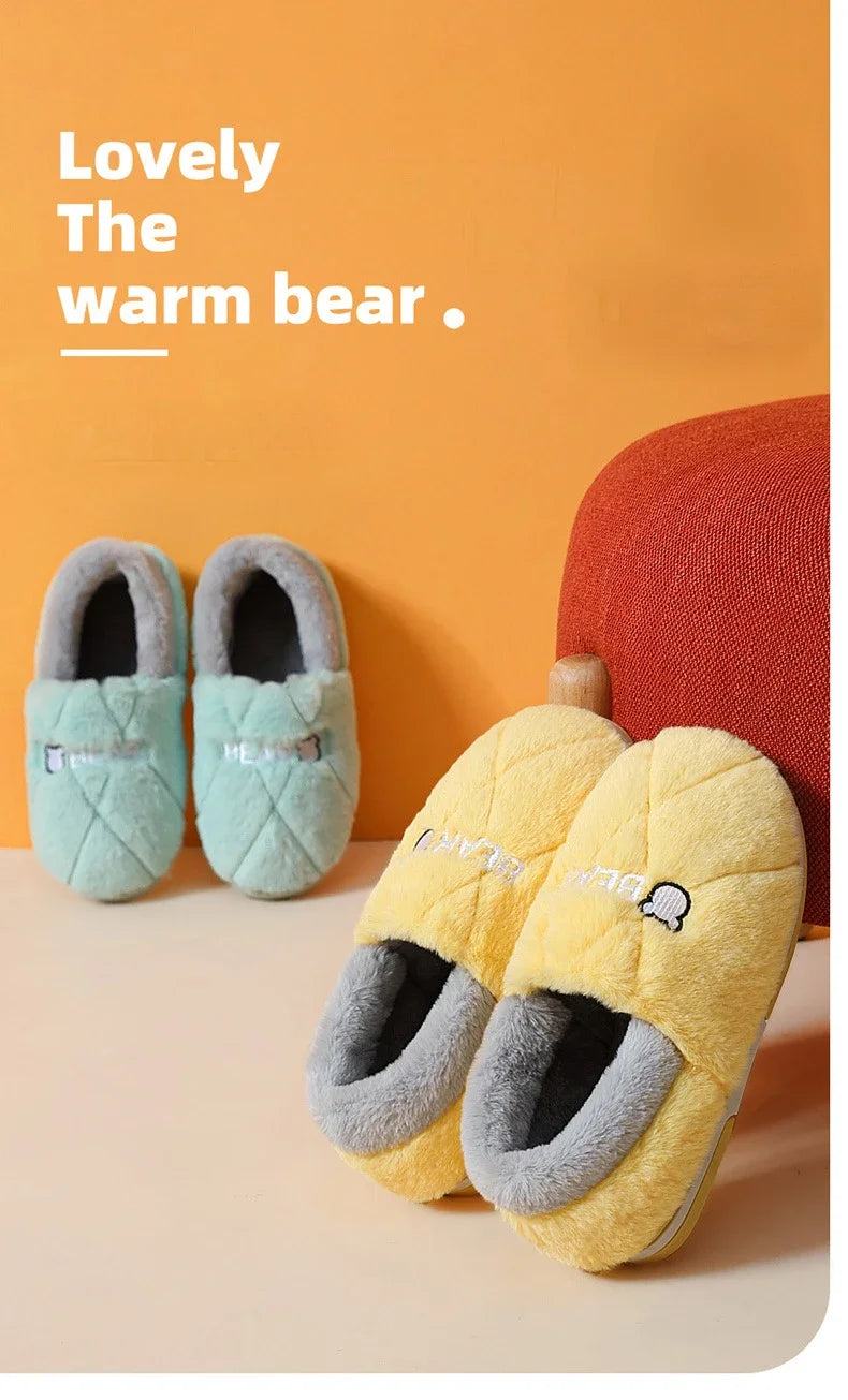 Home Slipper Men Cartoon Bear Fuzzy Winter Warm Plush Indoor Floor Non Slip Male House Room Shoes Footwear Furry Plus Large Size