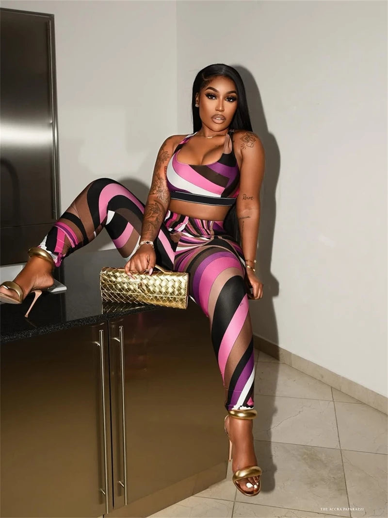 Stylish Lady Contrast Color Striped Printed 2 Piece Set Women Sleeveless Crop Top and Skinny Pant Suits 2025 Summer Sexy Outfits