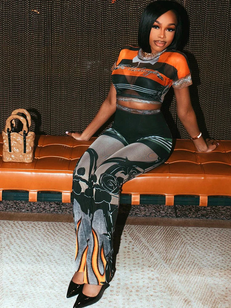 Weird Puss Fashion Patchwork 2 Piece Set Women Mesh See Through Tops+Flame Print Skinny Pants Hot Girls Sexy Hipster Outfits