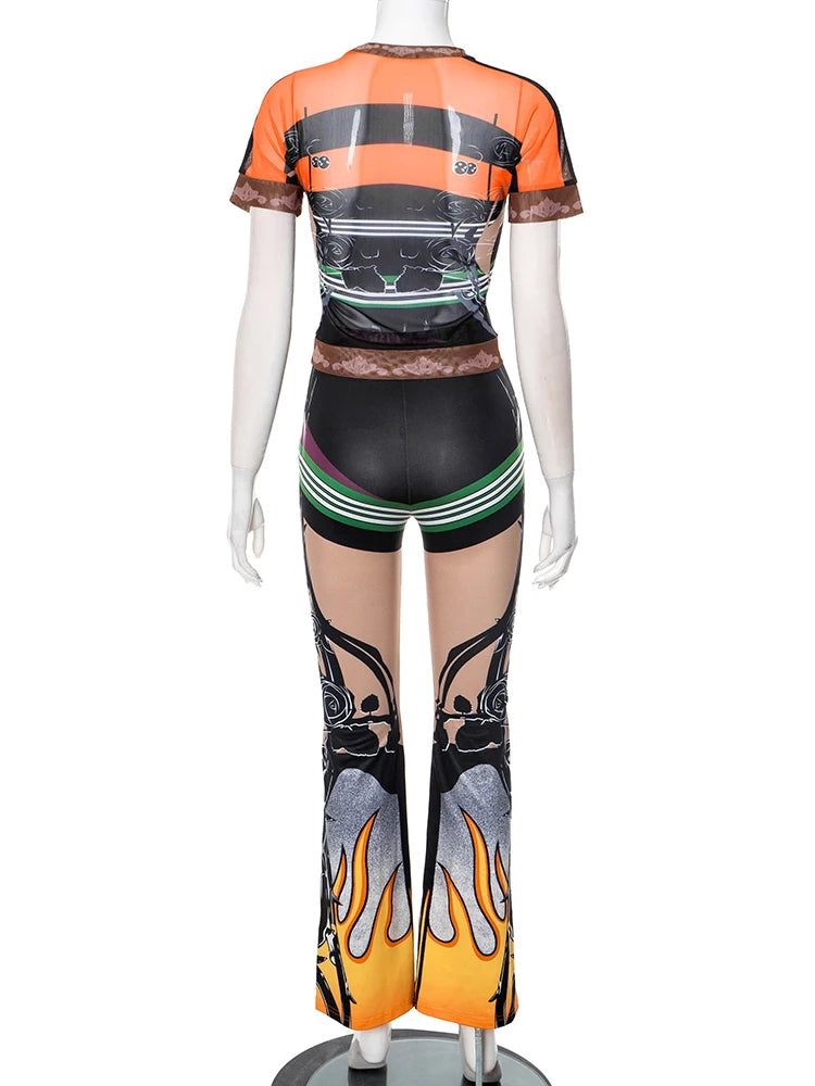 Weird Puss Fashion Patchwork 2 Piece Set Women Mesh See Through Tops+Flame Print Skinny Pants Hot Girls Sexy Hipster Outfits
