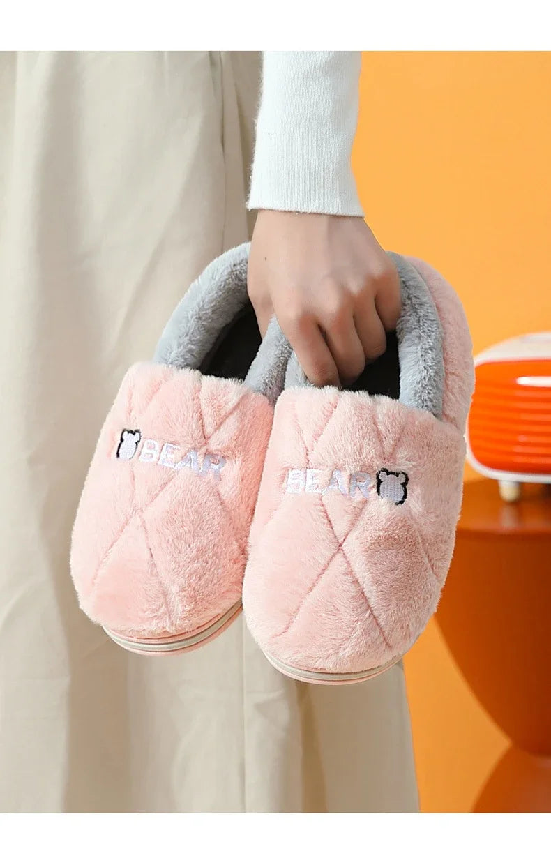 Home Slipper Men Cartoon Bear Fuzzy Winter Warm Plush Indoor Floor Non Slip Male House Room Shoes Footwear Furry Plus Large Size