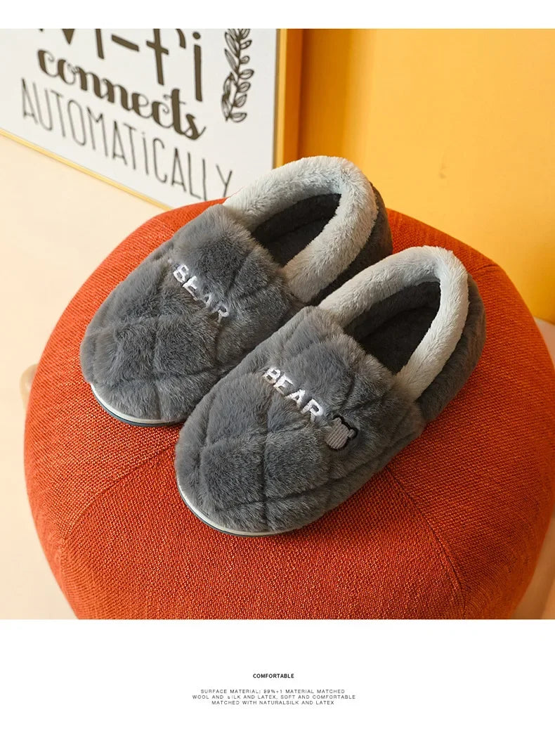Home Slipper Men Cartoon Bear Fuzzy Winter Warm Plush Indoor Floor Non Slip Male House Room Shoes Footwear Furry Plus Large Size