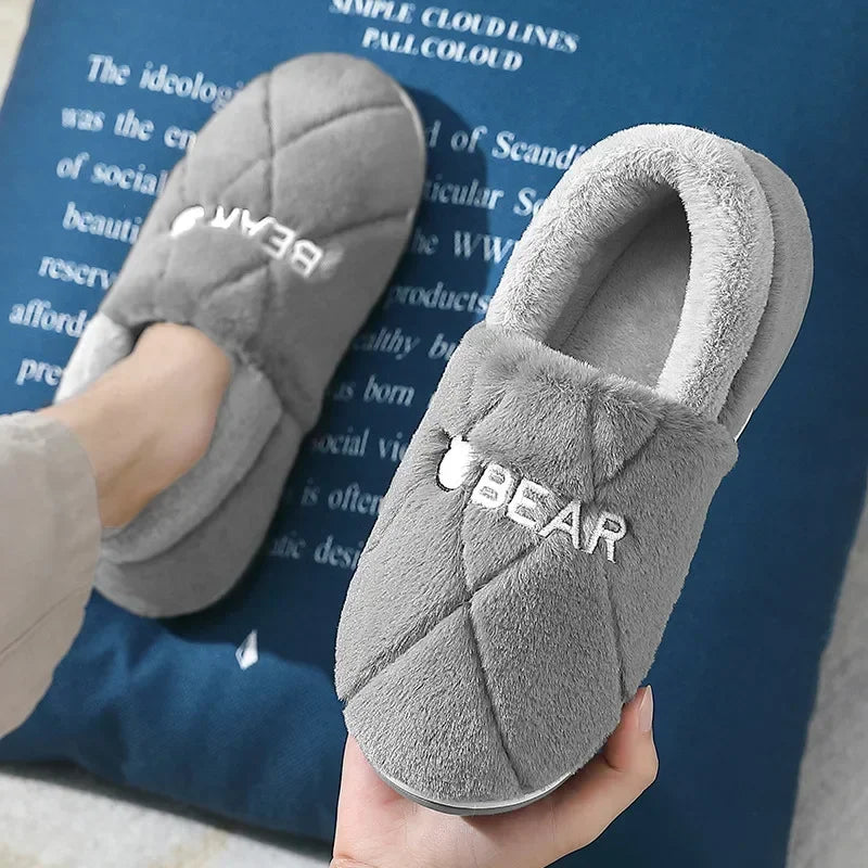 Home Slipper Men Cartoon Bear Fuzzy Winter Warm Plush Indoor Floor Non Slip Male House Room Shoes Footwear Furry Plus Large Size