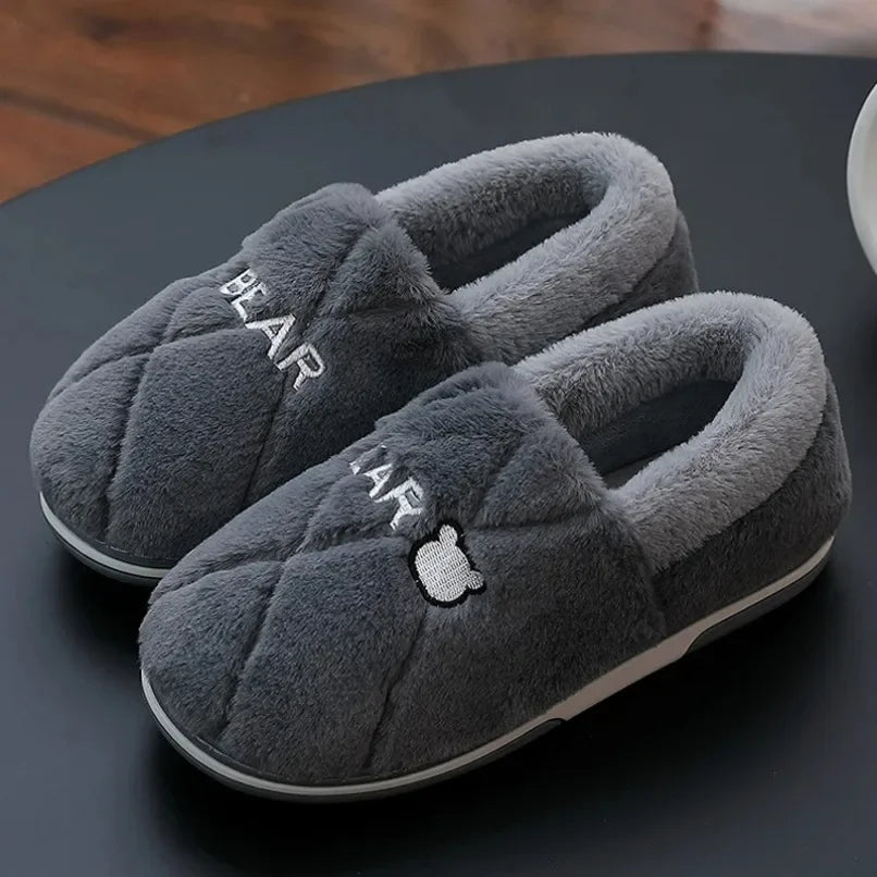 Home Slipper Men Cartoon Bear Fuzzy Winter Warm Plush Indoor Floor Non Slip Male House Room Shoes Footwear Furry Plus Large Size