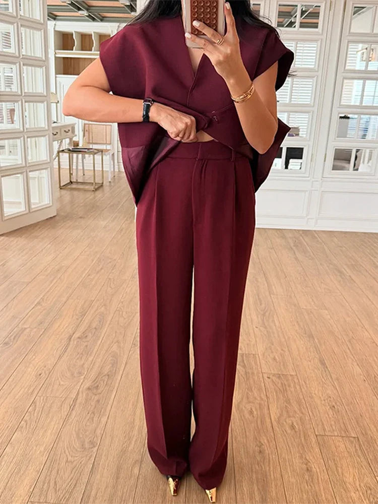 Women's Trouser Suit Solid Single Button Blazer High Waist Wide Leg Pants Female Suits 2025 Spring Summer 2 Pieces Outfits