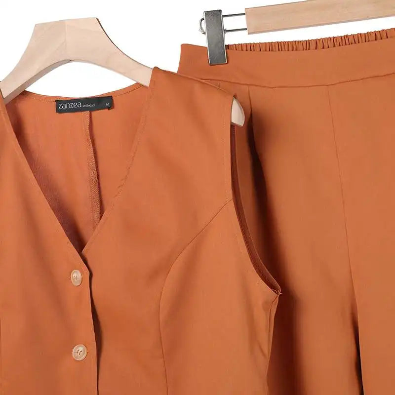 2025 ZANZEA Woman Elegant 2-Piece Pant Sets Casual Vest and Pants Sets Old Money Style Suits 2pcs Outfits Wide Leg Trouser Sets