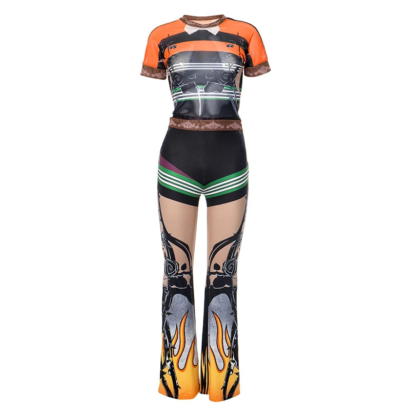 Weird Puss Fashion Patchwork 2 Piece Set Women Mesh See Through Tops+Flame Print Skinny Pants Hot Girls Sexy Hipster Outfits