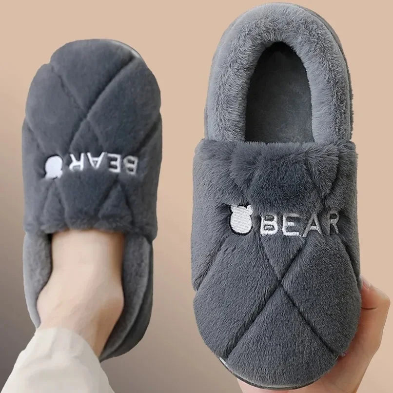 Home Slipper Men Cartoon Bear Fuzzy Winter Warm Plush Indoor Floor Non Slip Male House Room Shoes Footwear Furry Plus Large Size