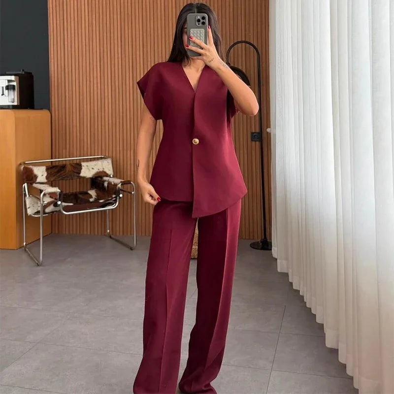 Women's Trouser Suit Solid Single Button Blazer High Waist Wide Leg Pants Female Suits 2025 Spring Summer 2 Pieces Outfits