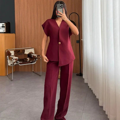 Women's Trouser Suit Solid Single Button Blazer High Waist Wide Leg Pants Female Suits 2025 Spring Summer 2 Pieces Outfits