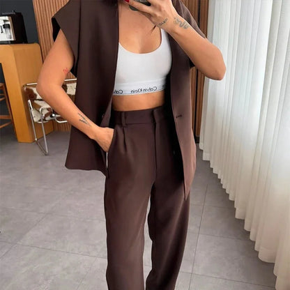 Women's Trouser Suit Solid Single Button Blazer High Waist Wide Leg Pants Female Suits 2025 Spring Summer 2 Pieces Outfits