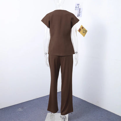 Women's Trouser Suit Solid Single Button Blazer High Waist Wide Leg Pants Female Suits 2025 Spring Summer 2 Pieces Outfits