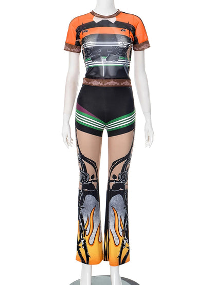 Weird Puss Fashion Patchwork 2 Piece Set Women Mesh See Through Tops+Flame Print Skinny Pants Hot Girls Sexy Hipster Outfits