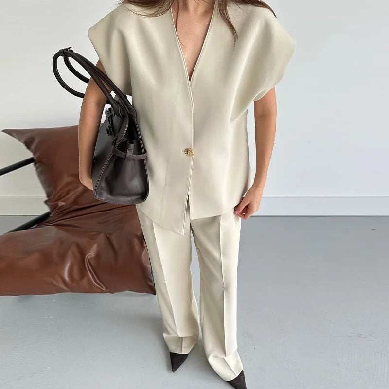 Women's Trouser Suit Solid Single Button Blazer High Waist Wide Leg Pants Female Suits 2025 Spring Summer 2 Pieces Outfits