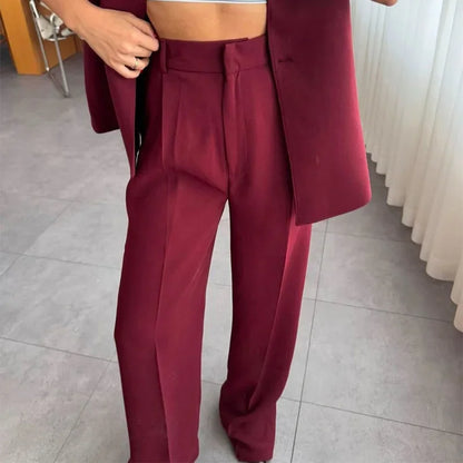 Women's Trouser Suit Solid Single Button Blazer High Waist Wide Leg Pants Female Suits 2025 Spring Summer 2 Pieces Outfits