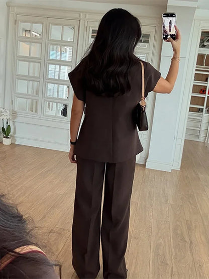 Women's Trouser Suit Solid Single Button Blazer High Waist Wide Leg Pants Female Suits 2025 Spring Summer 2 Pieces Outfits