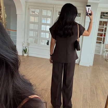 Women's Trouser Suit Solid Single Button Blazer High Waist Wide Leg Pants Female Suits 2025 Spring Summer 2 Pieces Outfits