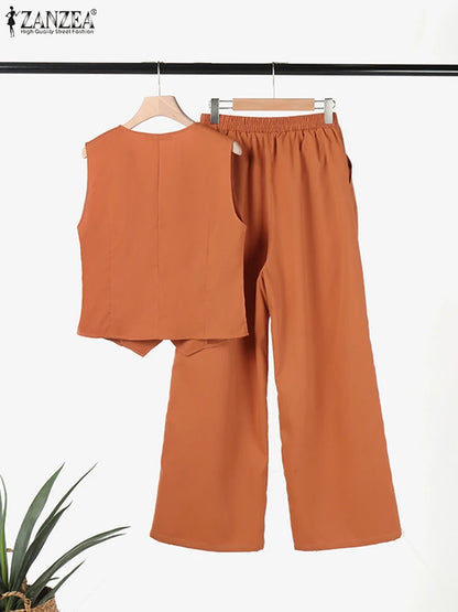 2025 ZANZEA Woman Elegant 2-Piece Pant Sets Casual Vest and Pants Sets Old Money Style Suits 2pcs Outfits Wide Leg Trouser Sets