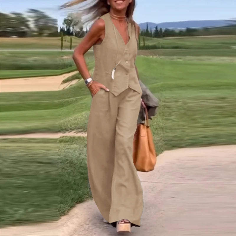 2025 ZANZEA Woman Elegant 2-Piece Pant Sets Casual Vest and Pants Sets Old Money Style Suits 2pcs Outfits Wide Leg Trouser Sets