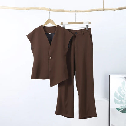 Women's Trouser Suit Solid Single Button Blazer High Waist Wide Leg Pants Female Suits 2025 Spring Summer 2 Pieces Outfits