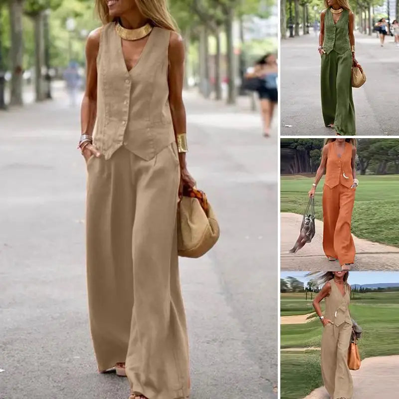 2025 ZANZEA Woman Elegant 2-Piece Pant Sets Casual Vest and Pants Sets Old Money Style Suits 2pcs Outfits Wide Leg Trouser Sets
