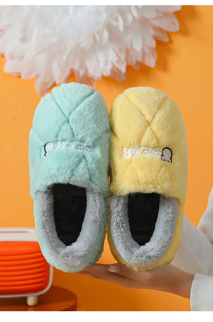 Home Slipper Men Cartoon Bear Fuzzy Winter Warm Plush Indoor Floor Non Slip Male House Room Shoes Footwear Furry Plus Large Size