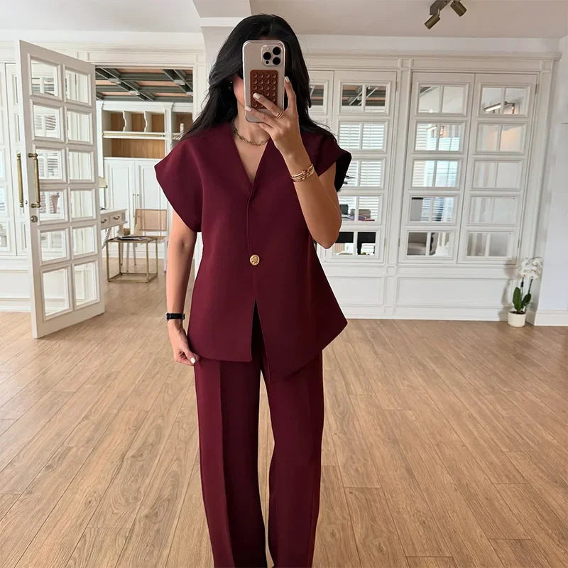 Women's Trouser Suit Solid Single Button Blazer High Waist Wide Leg Pants Female Suits 2025 Spring Summer 2 Pieces Outfits