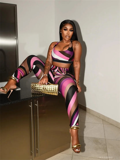Stylish Lady Contrast Color Striped Printed 2 Piece Set Women Sleeveless Crop Top and Skinny Pant Suits 2025 Summer Sexy Outfits