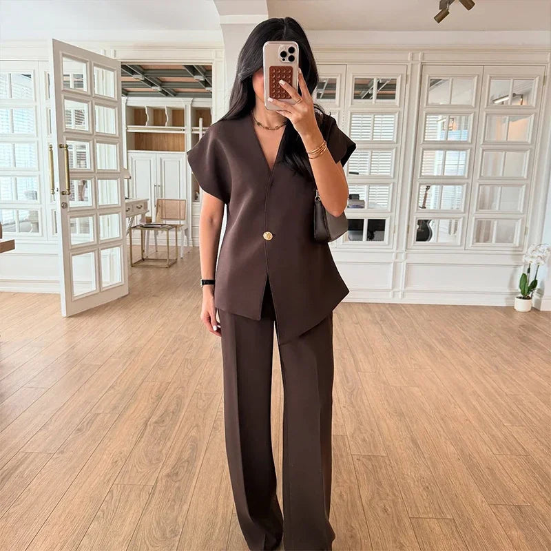 Women's Trouser Suit Solid Single Button Blazer High Waist Wide Leg Pants Female Suits 2025 Spring Summer 2 Pieces Outfits