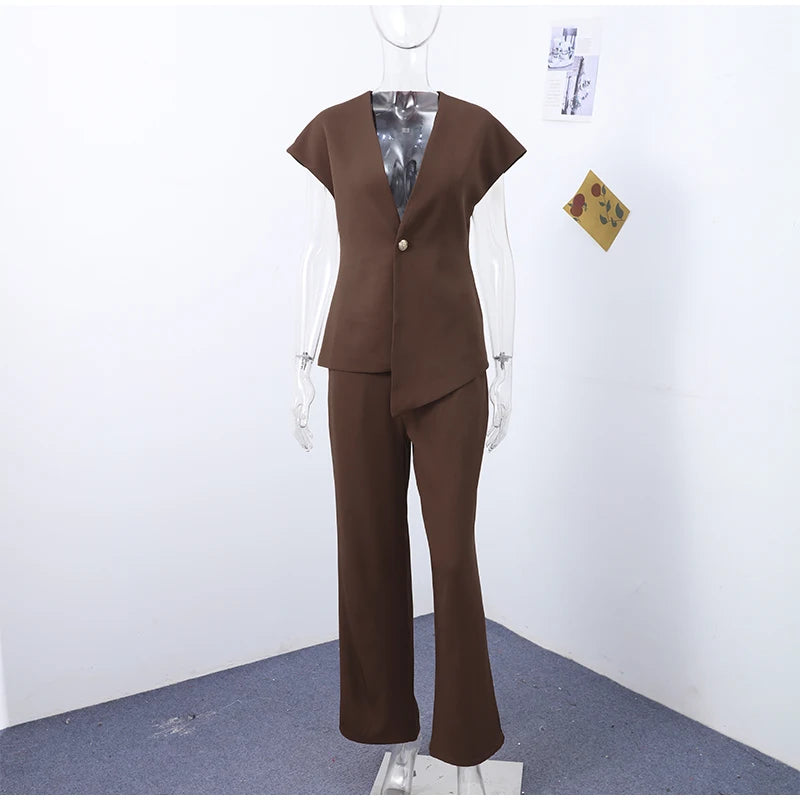 Women's Trouser Suit Solid Single Button Blazer High Waist Wide Leg Pants Female Suits 2025 Spring Summer 2 Pieces Outfits