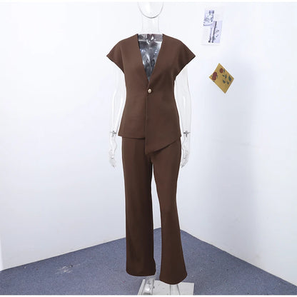 Women's Trouser Suit Solid Single Button Blazer High Waist Wide Leg Pants Female Suits 2025 Spring Summer 2 Pieces Outfits