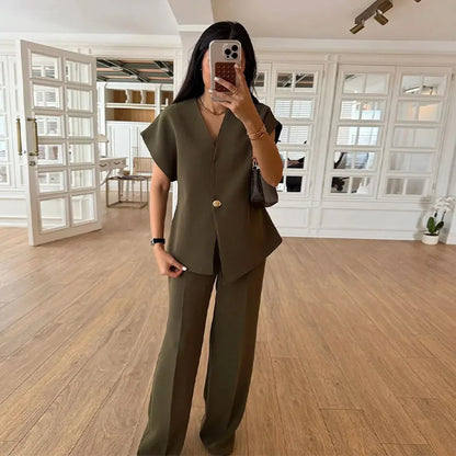 Women's Trouser Suit Solid Single Button Blazer High Waist Wide Leg Pants Female Suits 2025 Spring Summer 2 Pieces Outfits