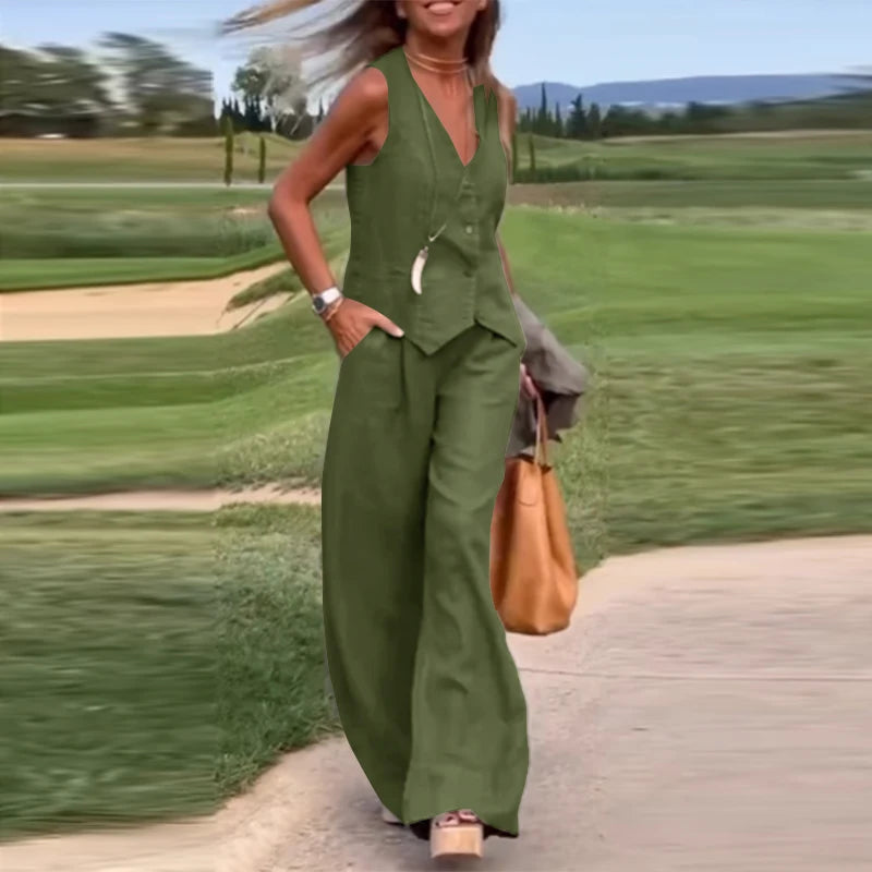 2025 ZANZEA Woman Elegant 2-Piece Pant Sets Casual Vest and Pants Sets Old Money Style Suits 2pcs Outfits Wide Leg Trouser Sets