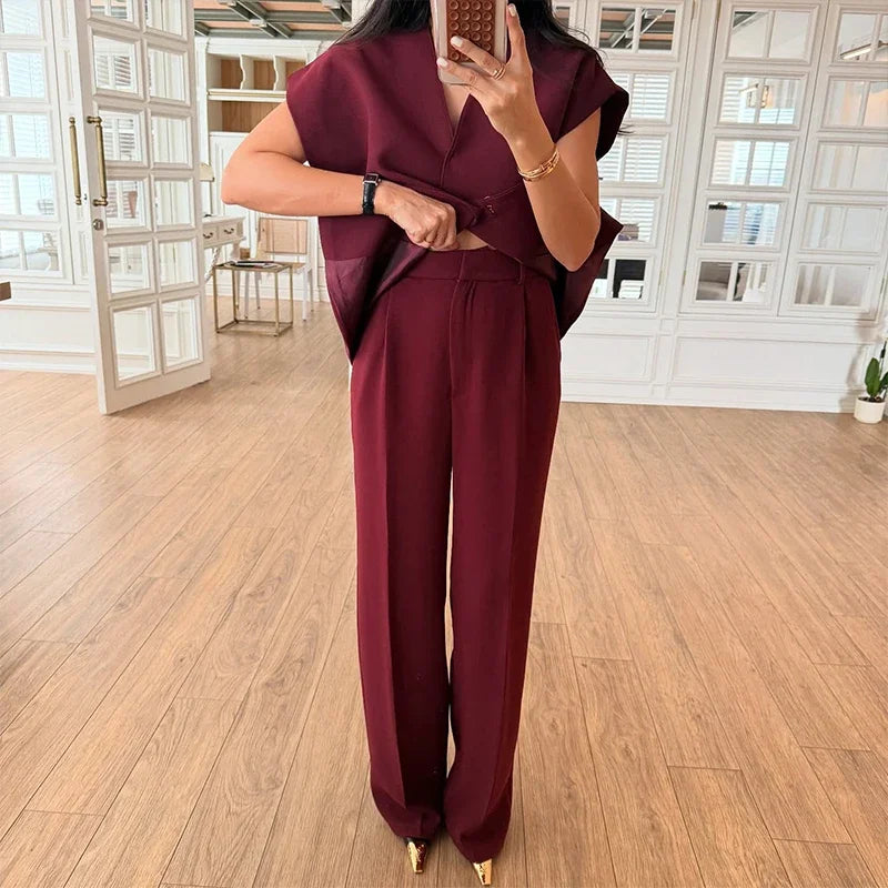 Women's Trouser Suit Solid Single Button Blazer High Waist Wide Leg Pants Female Suits 2025 Spring Summer 2 Pieces Outfits