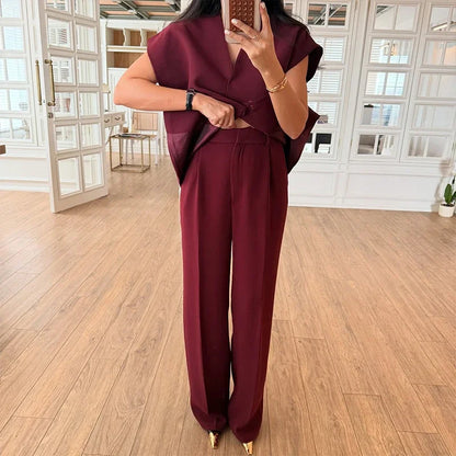 Women's Trouser Suit Solid Single Button Blazer High Waist Wide Leg Pants Female Suits 2025 Spring Summer 2 Pieces Outfits