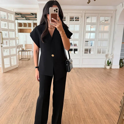 Women's Trouser Suit Solid Single Button Blazer High Waist Wide Leg Pants Female Suits 2025 Spring Summer 2 Pieces Outfits