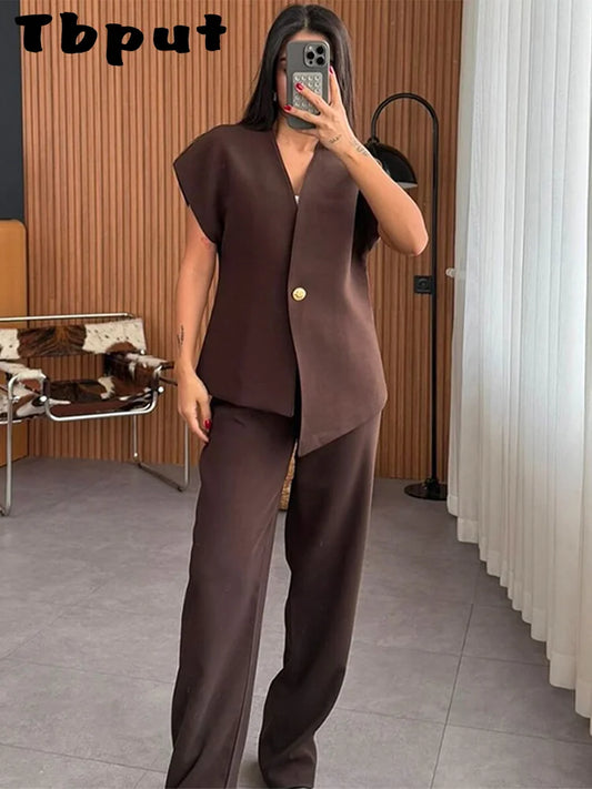 Women's Trouser Suit Solid Single Button Blazer High Waist Wide Leg Pants Female Suits 2025 Spring Summer 2 Pieces Outfits
