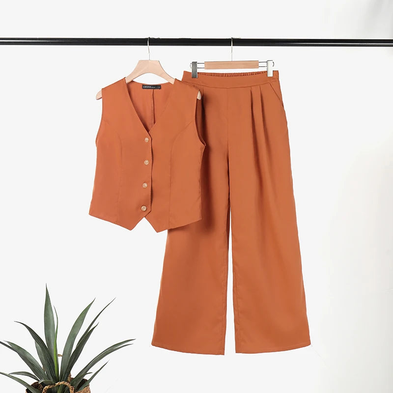 2025 ZANZEA Woman Elegant 2-Piece Pant Sets Casual Vest and Pants Sets Old Money Style Suits 2pcs Outfits Wide Leg Trouser Sets