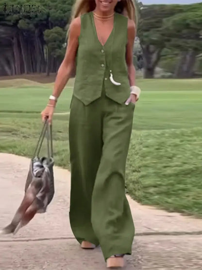 2025 ZANZEA Woman Elegant 2-Piece Pant Sets Casual Vest and Pants Sets Old Money Style Suits 2pcs Outfits Wide Leg Trouser Sets