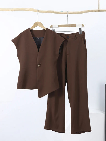 Women's Trouser Suit Solid Single Button Blazer High Waist Wide Leg Pants Female Suits 2025 Spring Summer 2 Pieces Outfits
