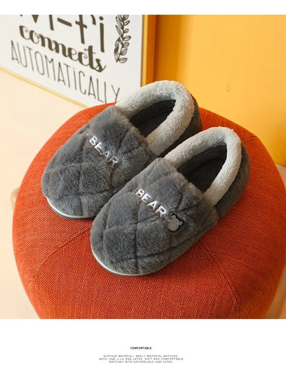 Home Slipper Men Cartoon Bear Fuzzy Winter Warm Plush Indoor Floor Non Slip Male House Room Shoes Footwear Furry Plus Large Size